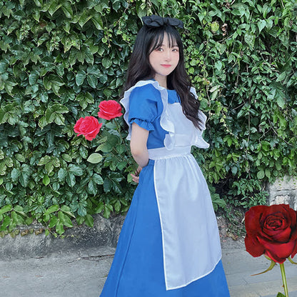 Lolita Blue Lapel Ruffled Maid Long Dress Modakawa