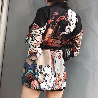 Cartoon Fire Print Casual Vintage Kimono Outerwear Modakawa