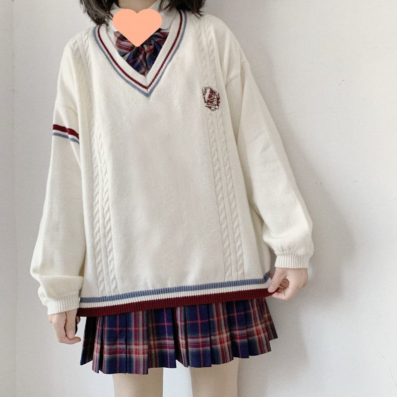 Embroidery Stripe College Style Sweater Modakawa