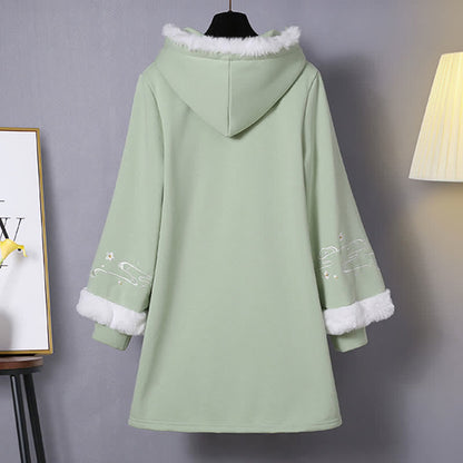 Delicate Flower Embroidery Buckle Plush Hooded Sweatshirt Dress modakawa