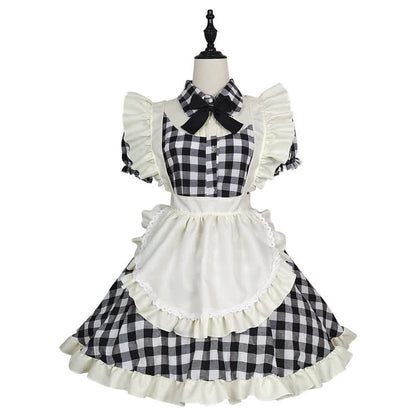 Sweet Bow Knot Ruffled Plaid Maid Dress Modakawa