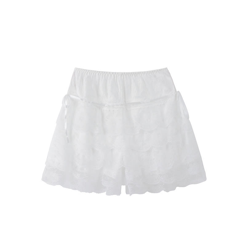 Sweet White Lace-up Layered Lace Trim Undershorts modakawa