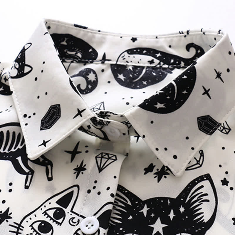 Black White Kitty Print Lapel Chiffon Shirt modakawa