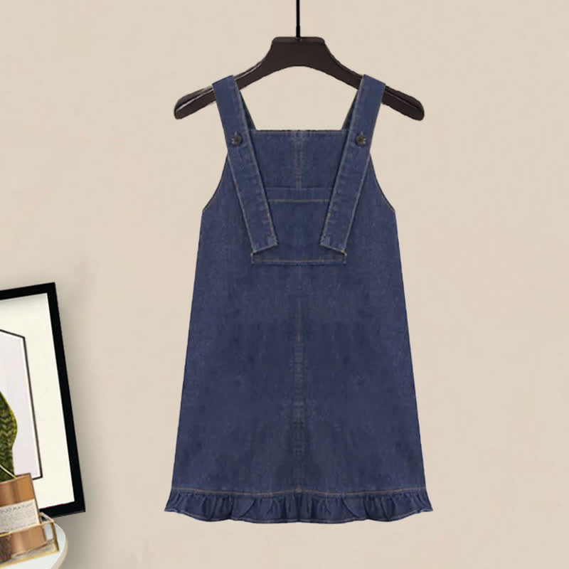 Pocket Lapel Tie T-Shirt Denim Overall Dress Set modakawa