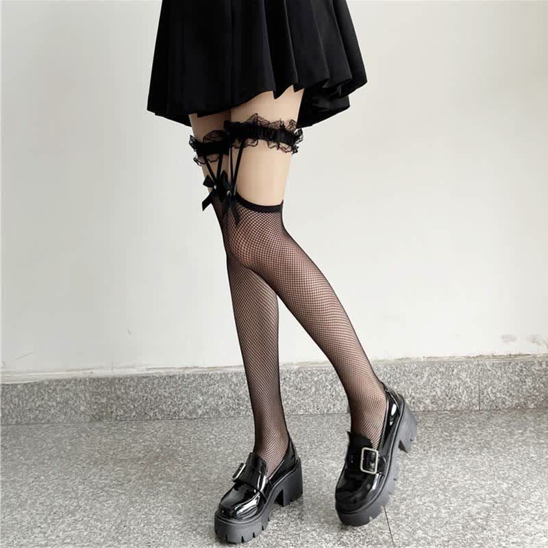 Lace Bowknot Garters Fishnet Stockings Set modakawa