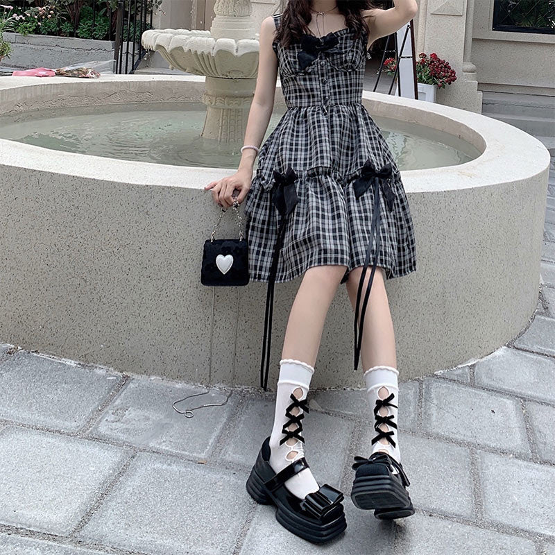 Sweet Lattice Print Bow Knot Slip Dress modakawa