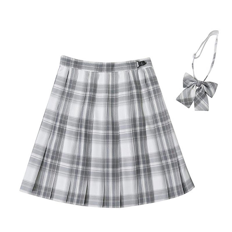 Plaid Print Pleated Skirt Bow Tie Set Modakawa