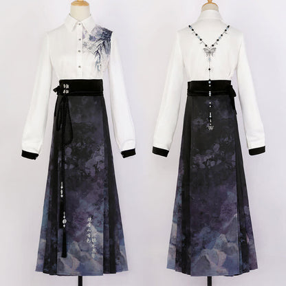 Elegant Bamboo Ink Painting Shirt Lace Up Pleated Skirt modakawa