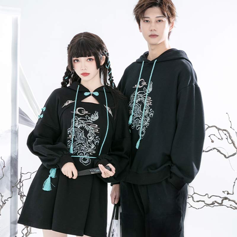 Couple Deer Embroidery Loose Hoodie Dress Modakawa