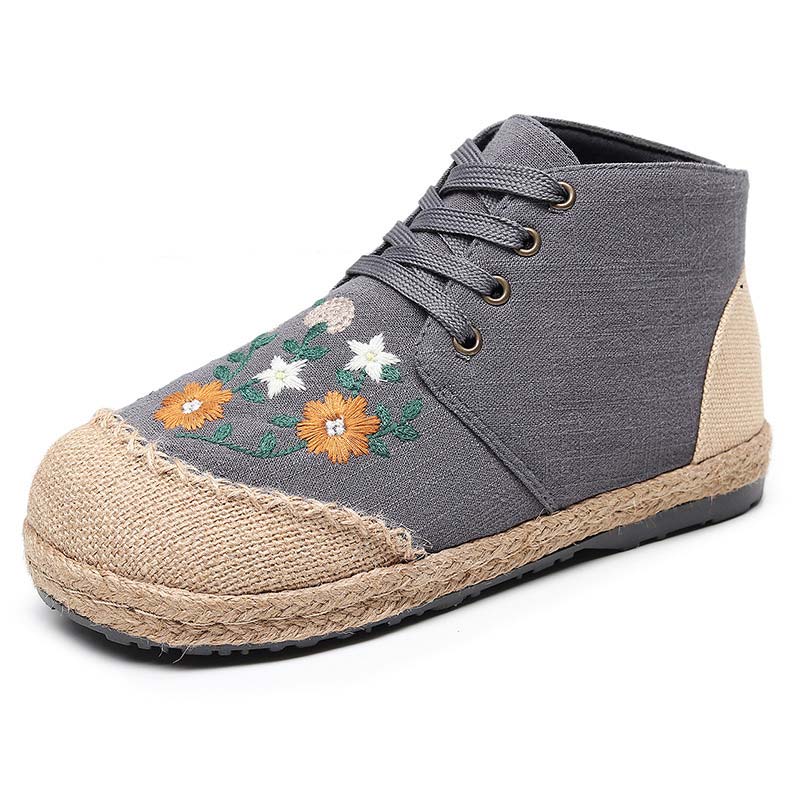 Elegant Embroidery Floral Lace up Canvas Boots Modakawa