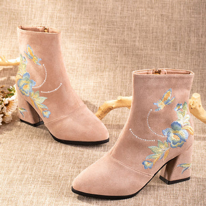 Vintage Blossom Embroidery Zipper Boots modakawa