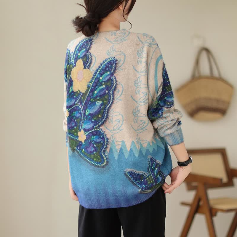 Vintage Blue Flower Butterfly Print Sweater modakawa