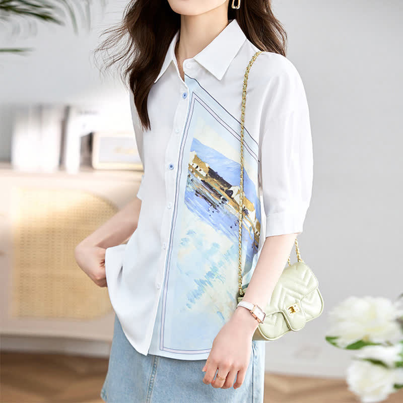 White Irregular Painting Print Chiffon Lapel Shirt modakawa