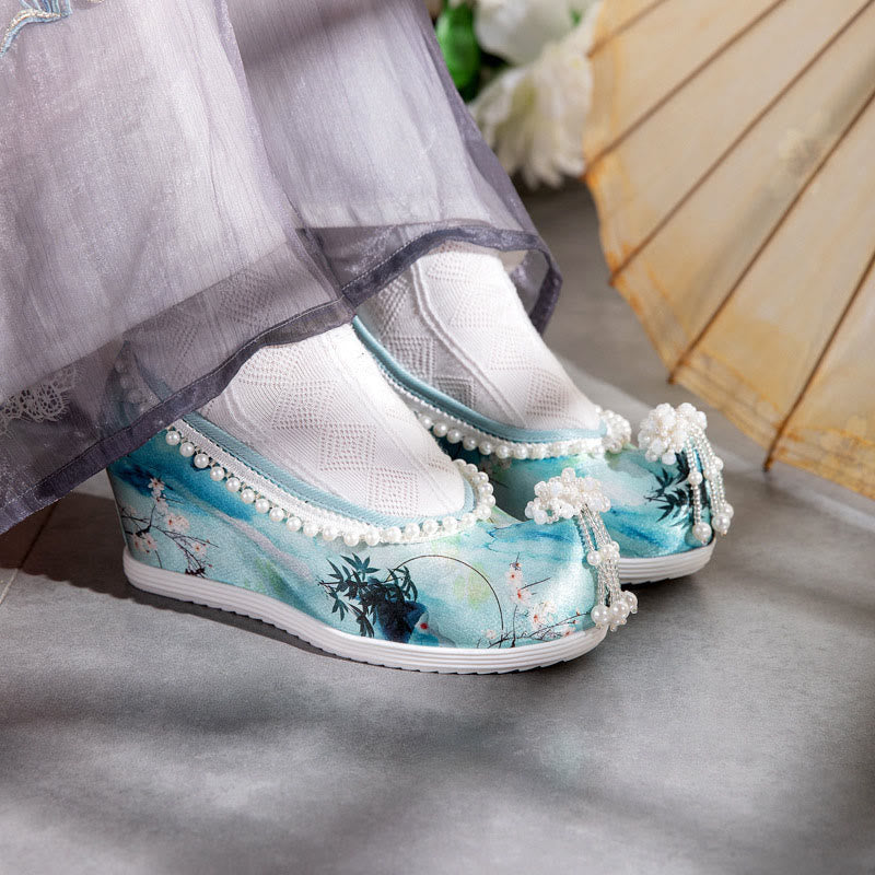 Tie-dye Floral Print Pearl Decor Shoes modakawa