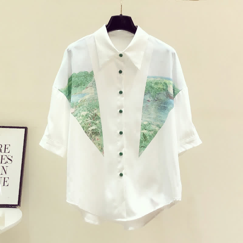 Chic Painting Print Chiffon Lapel Shirt modakawa