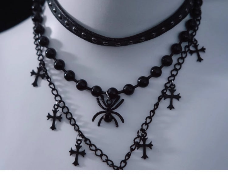 Spider Cross Pendant Black Triple Layered Necklace mySite