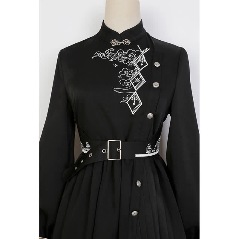 Elegant Black Vintage Embroidery Belted Pleated Dress modakawa