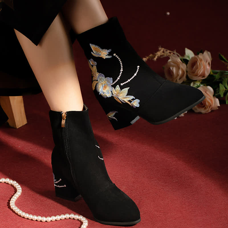 Vintage Blossom Embroidery Zipper Boots modakawa