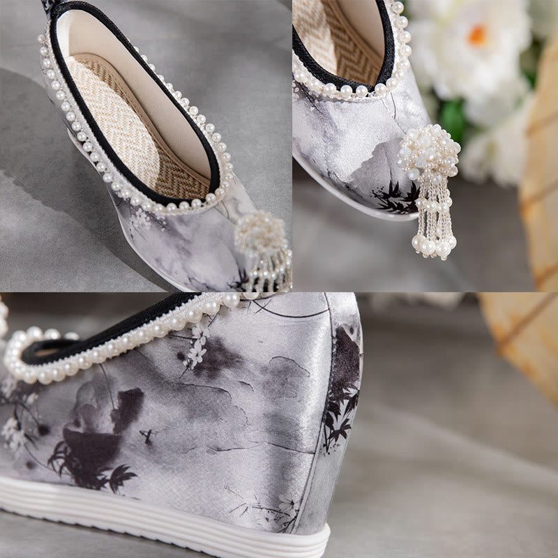 Tie-dye Floral Print Pearl Decor Shoes modakawa