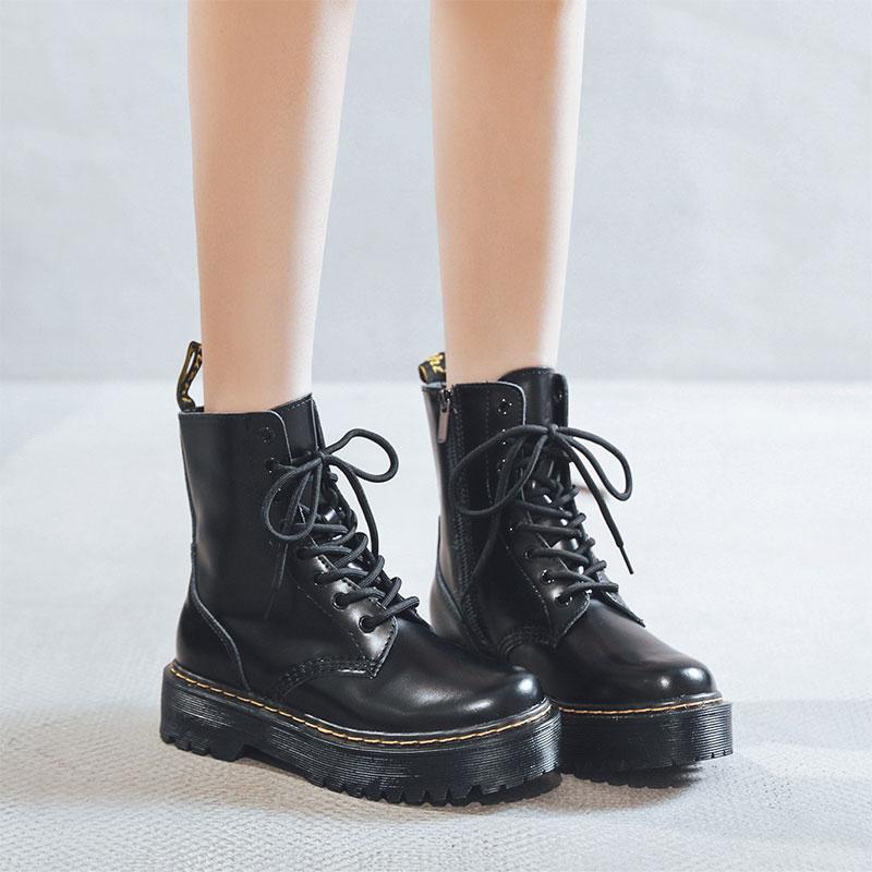 Black Leather Platform Lace Up Martin Boots Modakawa