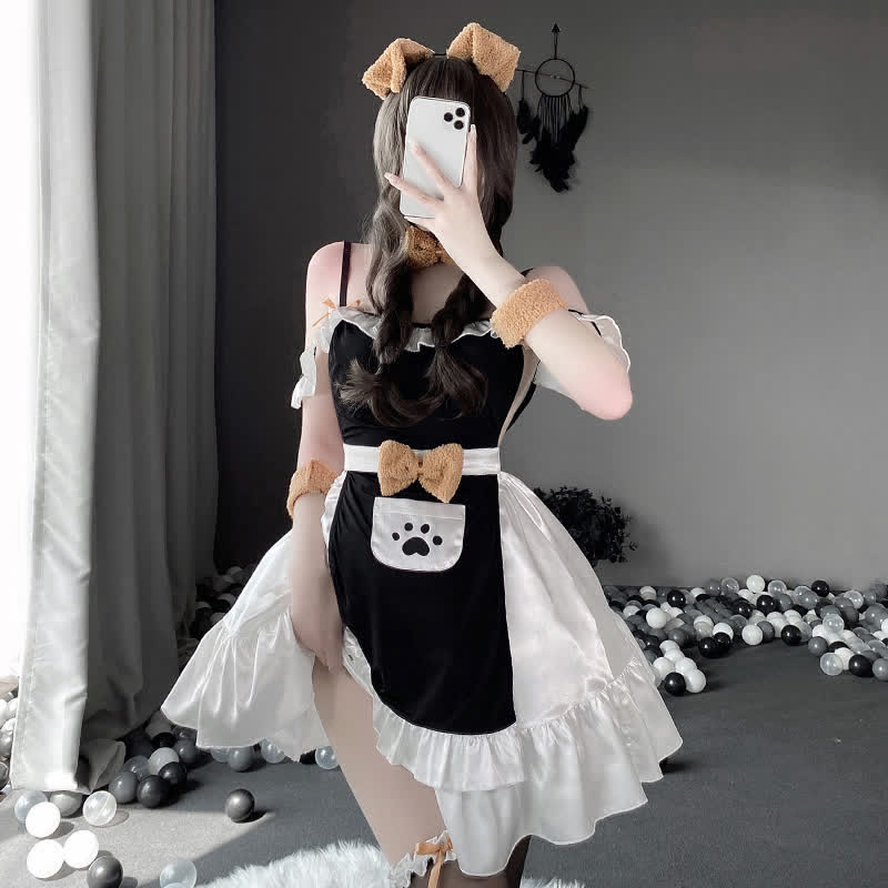 Plush Bow Knot Kitty Claw Pocket Maid Dress Lingerie Set Modakawa