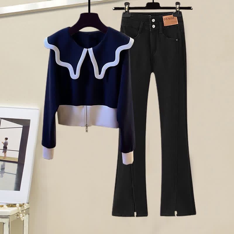 Sailor Collar Sweater High Waist Denim Pants modakawa