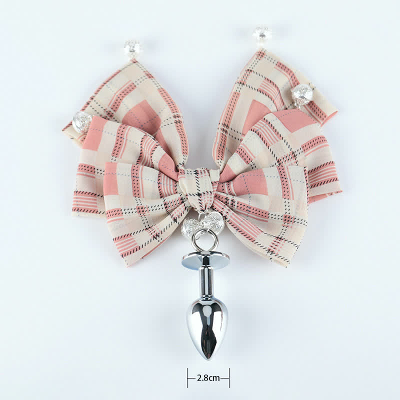 Pink Plaid Bowknot Bell Choker Anal Plug SM Accessories modakawa