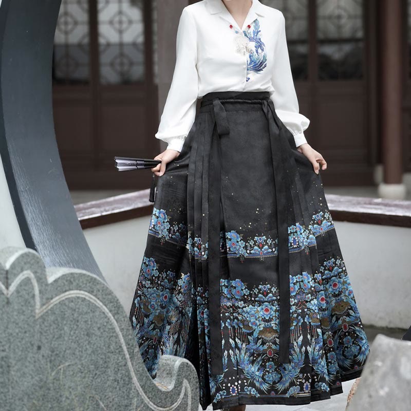 Plumage Embroidery Shirt High Waist Flower Print Skirt