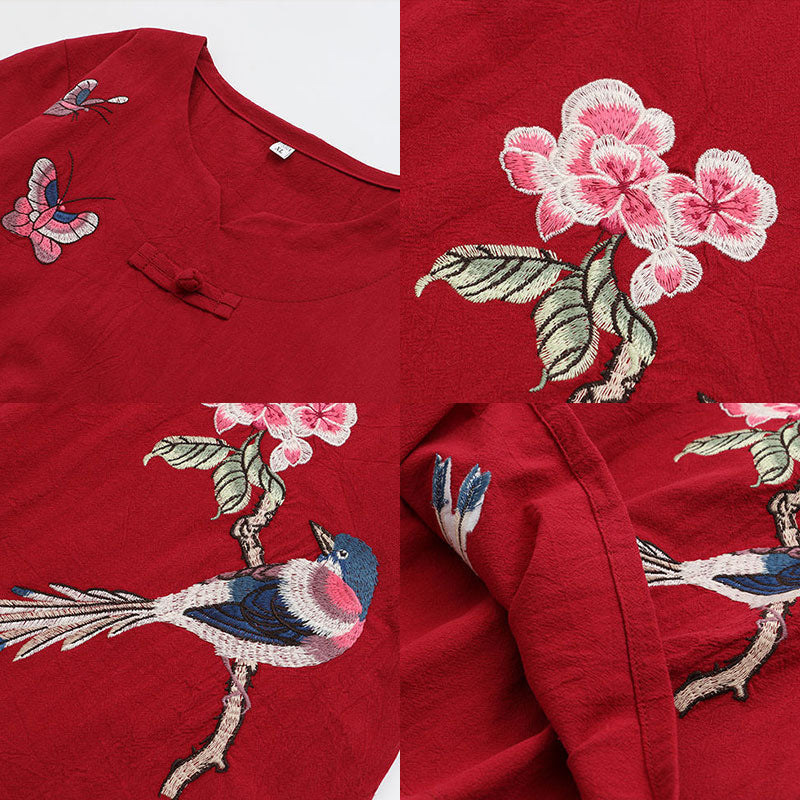 Vintage Bird Embroidery Buckle T-Shirt Pants Set modakawa