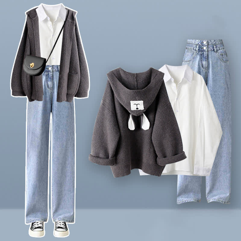 Bear Ears Hooded Cardigan Lapel Shirt Denim Pants Set modakawa