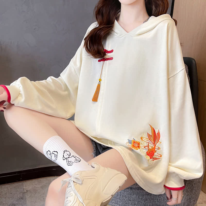 Floral Carp Embroidery Buckle Tassel Loose Hoodie modakawa