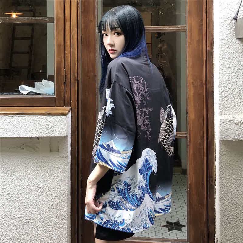 Vintage Wave Carp Print Casual Cardigan Kimono Outerwear modakawa