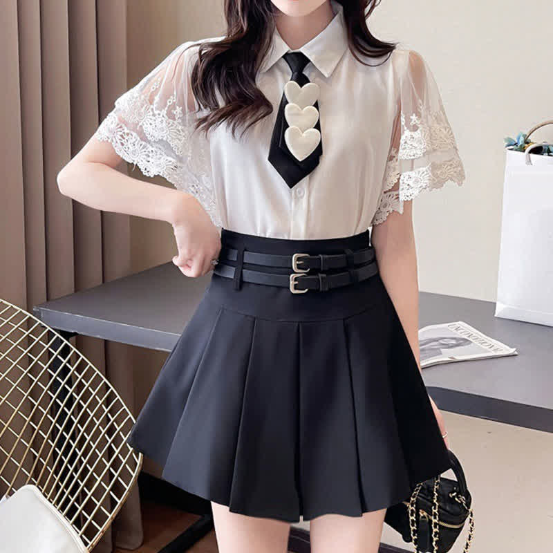 Lace Sleeve Tie T-Shirt Belted Pleated Skirt Set modakawa