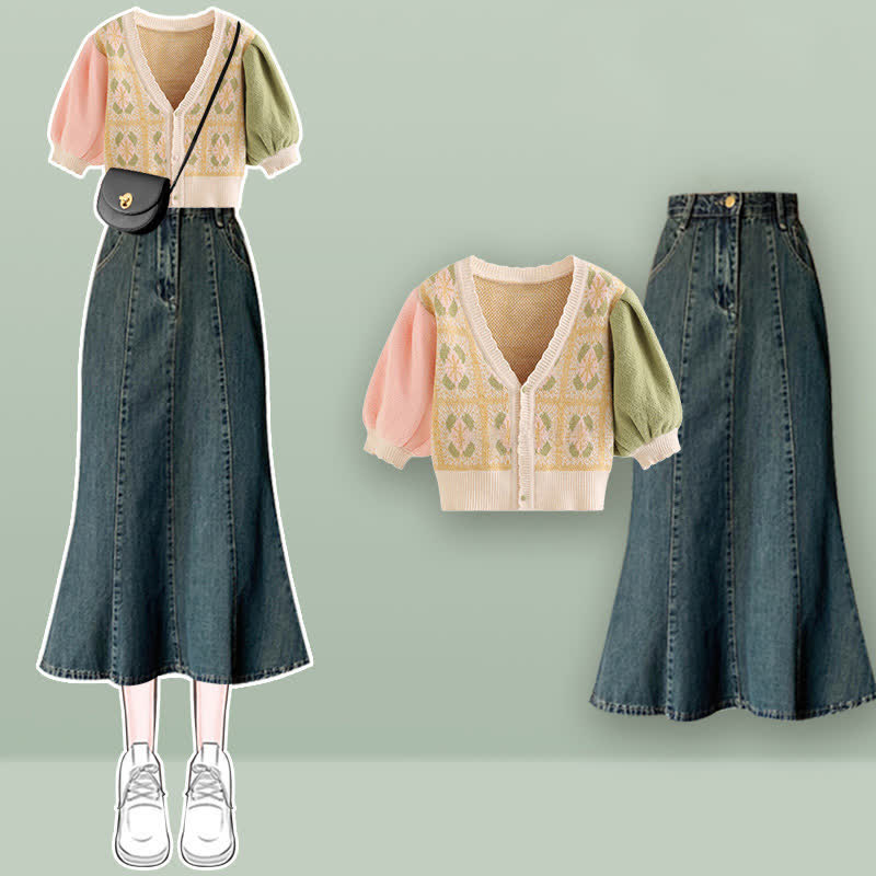 Colorblock V-neck T-Shirt Fishtail Denim Skirt Set modakawa