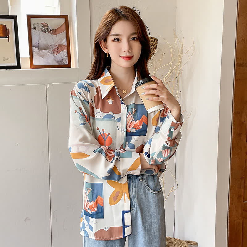 Colorblock Floral Print Casual Shirt modakawa