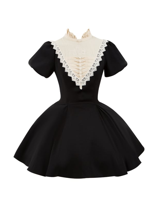 Black Beige Ruffle Banded Collar Lolita Short Dress mySite