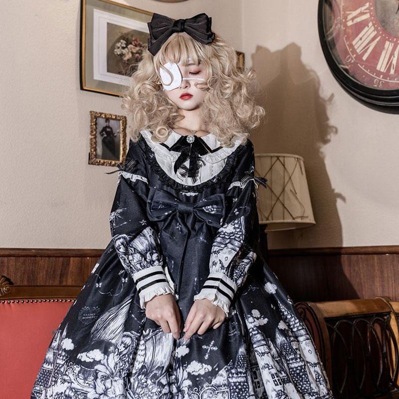 Y2K Gothic Print Bow Ruffle Doll Collar Lolita Dress Modakawa