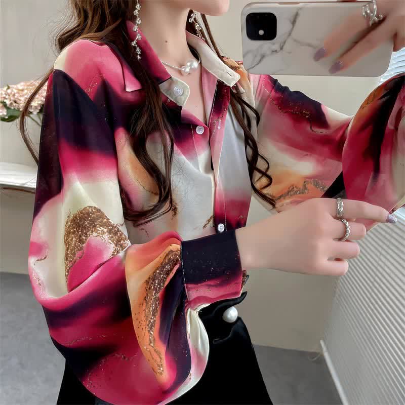 Fashion Colorblock Tie-dye Print Puff Sleeve Shirt modakawa