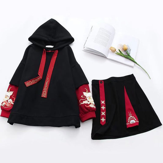 Stylish Dragon Embroidery Colorblock Hoodie Skirt Set Modakawa