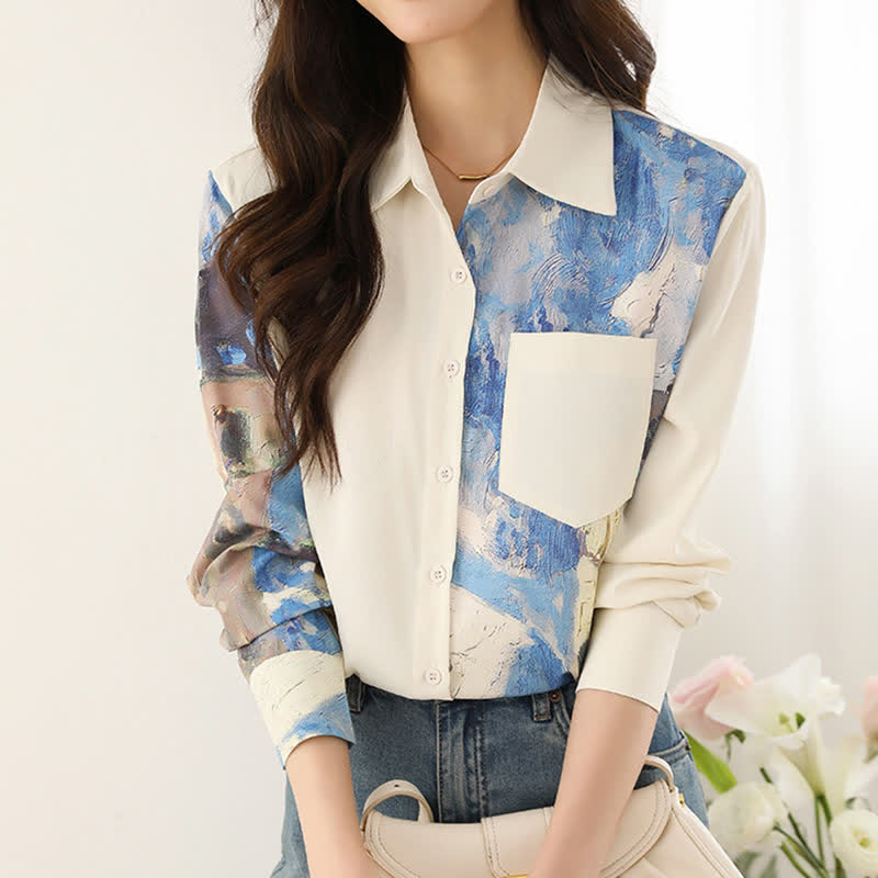 Irregular Printing Chiffon Pocket Lapel Shirt modakawa