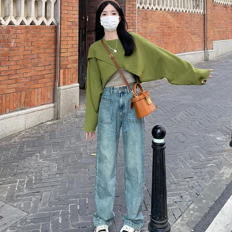 Green Cross Knit Crop Sweater Cami Pocketed Denim Pants modakawa