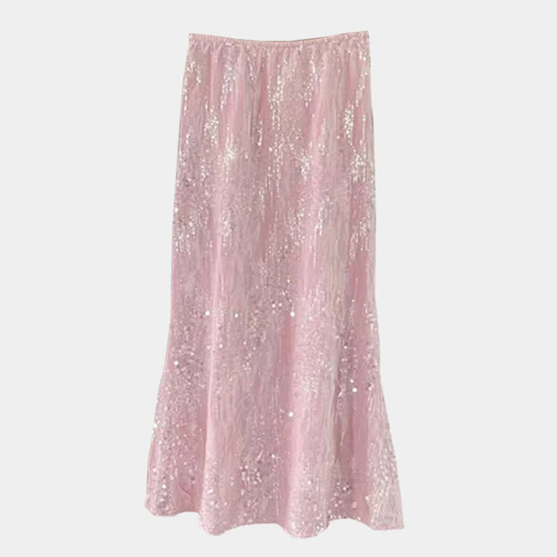 Enchanting Buckle Shirt Sequin Decor Pink Fishtail Skirt Modakawa