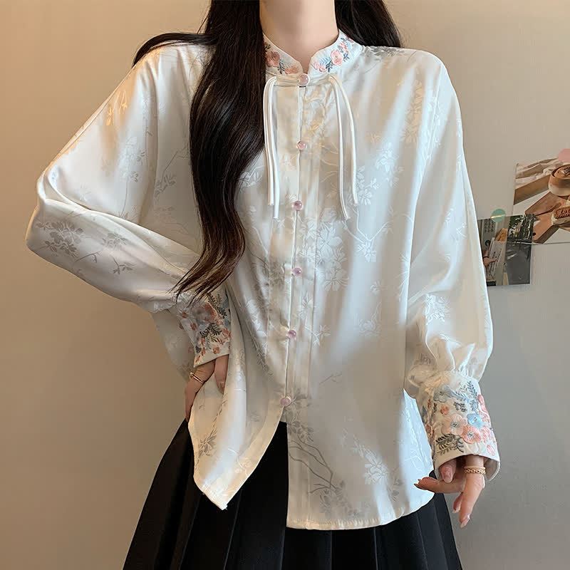 Chic Flower Embroidery Buckle Long Sleeve Shirt modakawa