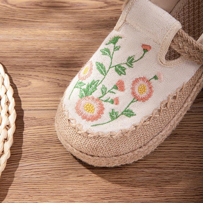 Vintage Embroidery Floral Canvas Flats Shoes Modakawa