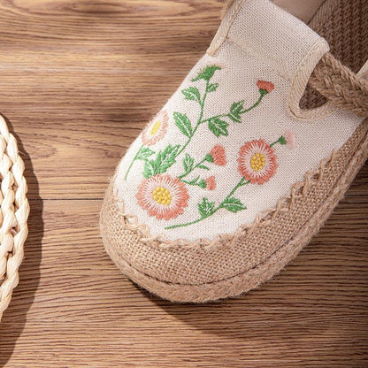 Vintage Embroidery Floral Canvas Flats Shoes Modakawa