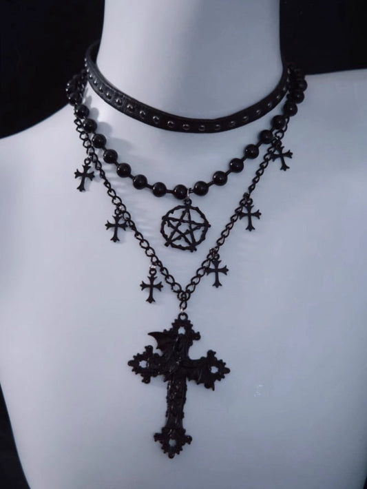 Pentagram Cross Pendant Black Triple Layered Necklace mySite