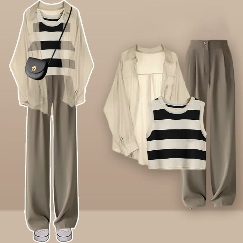 Casual Stripe Top Pants Set modakawa