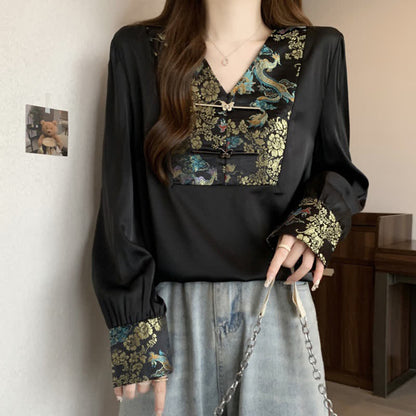 Vintage Dragon Buckle Long Sleeve V-neck Shirt modakawa