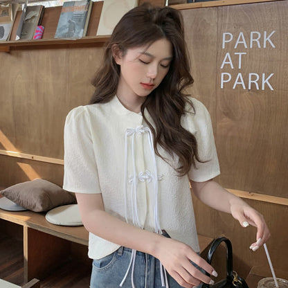 Elegant Buckle Puff Sleeve Loose T-Shirt modakawa