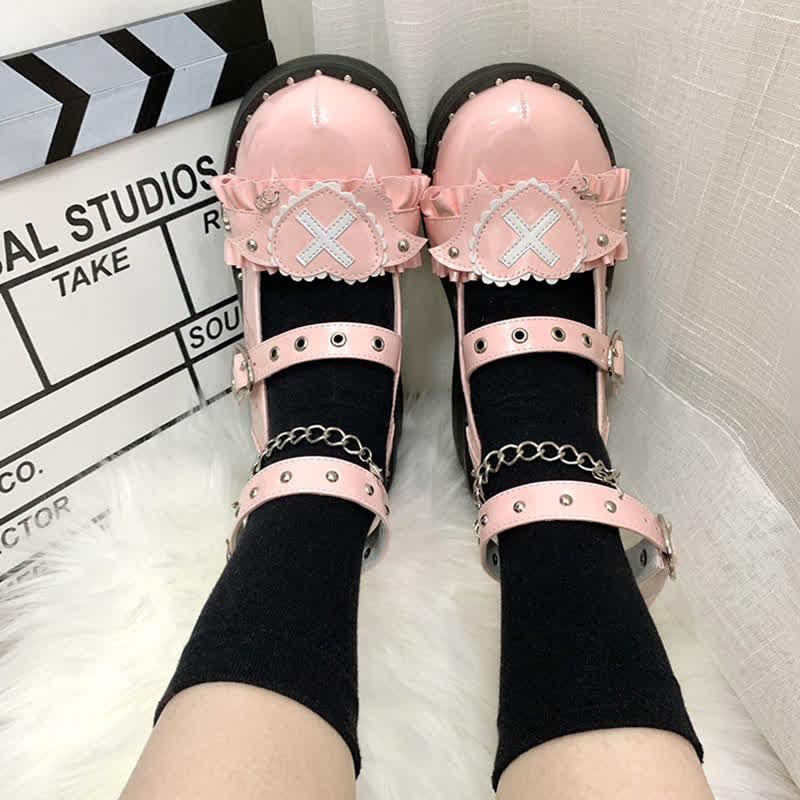 Sweet Punk Cross Love Heart Chain Strap Buckle Platform Shoes modakawa